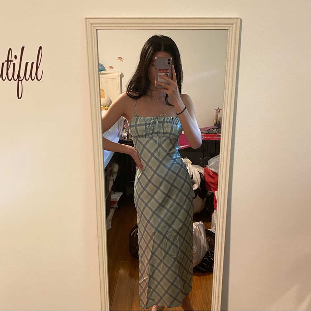 NWT princess polly green and blue plaid midi dress